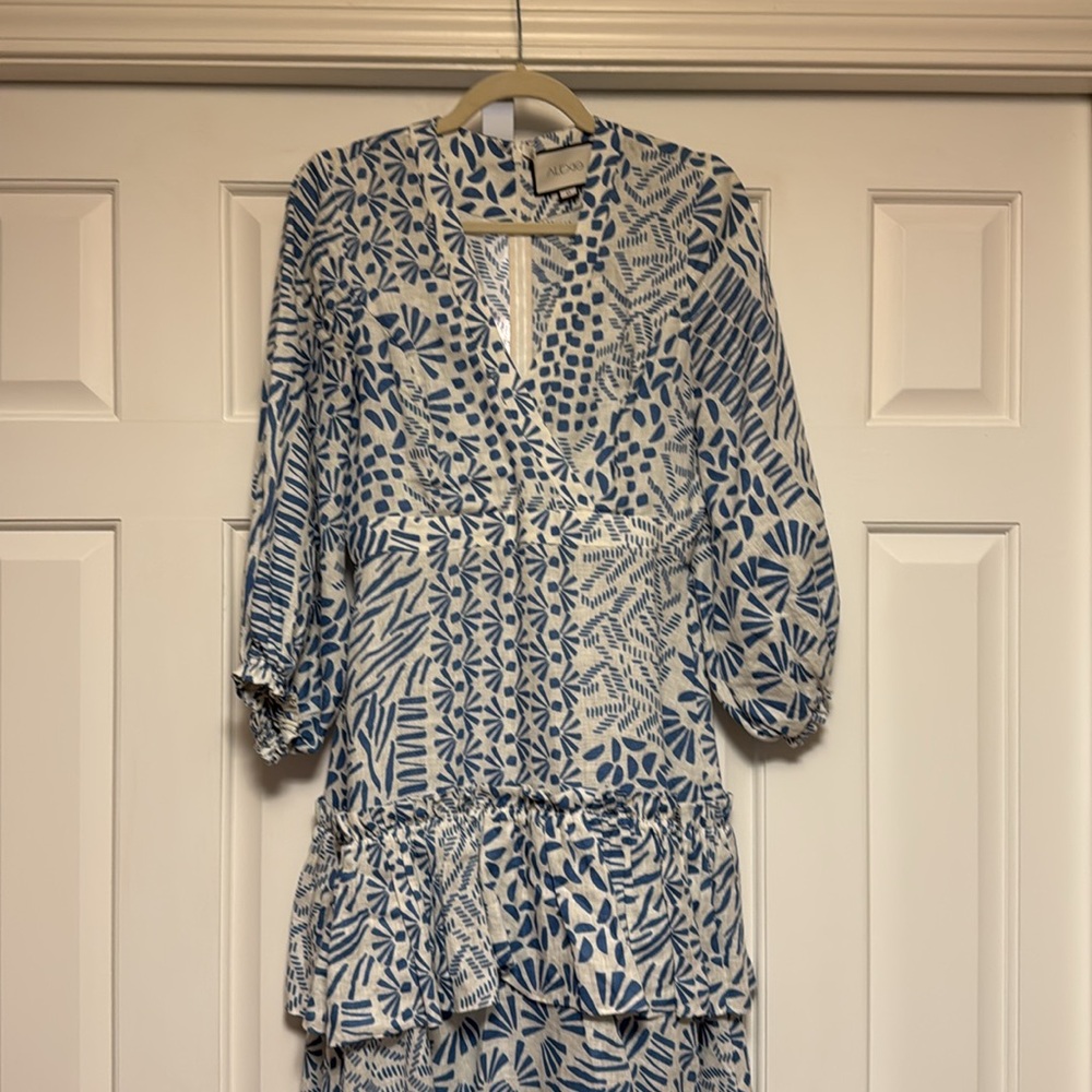 Alexis linen ruffle midi dress in blue S - Picture 2 of 9